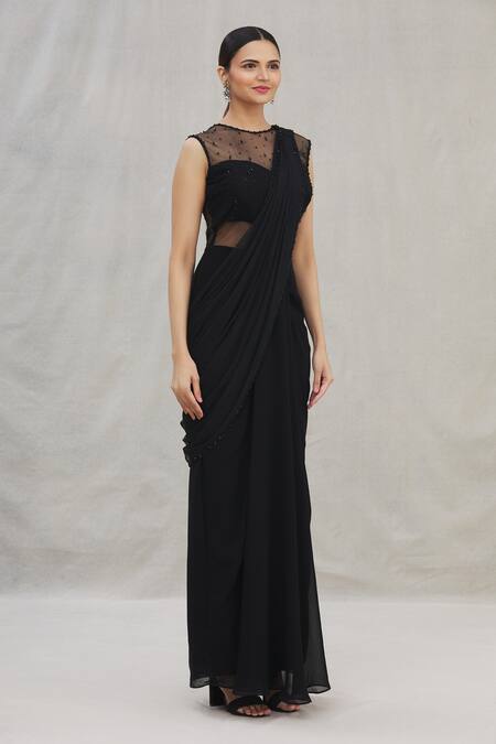 Arpan Vohra Black Georgette Round Pre-draped Saree Gown Online at Aza Fashions Arpan Vohra_Black Georgette Round Pre-draped Saree Gown_Online_at_Aza_Fashions