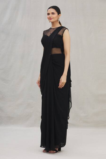 Shop Arpan Vohra Black Georgette Round Pre-draped Saree Gown Online at Aza Fashions Shop_Arpan Vohra_Black Georgette Round Pre-draped Saree Gown_Online_at_Aza_Fashions