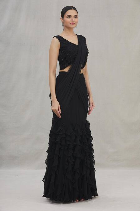 Arpan Vohra_Black Georgette V Neck Pre-stitched Lehenga Saree With Blouse _Online_at_Aza_Fashions