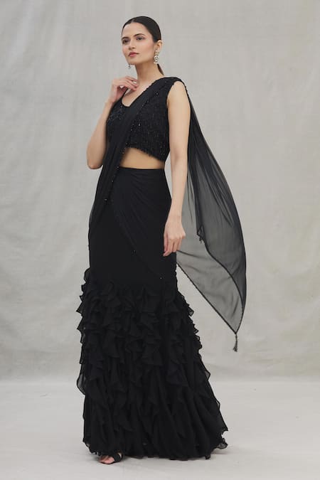 Buy_Arpan Vohra_Black Georgette V Neck Pre-stitched Lehenga Saree With Blouse _Online_at_Aza_Fashions