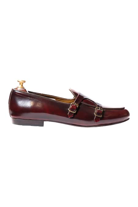 Artimen_Maroon Leather Handcrafted Double Monk Loafers _Online_at_Aza_Fashions