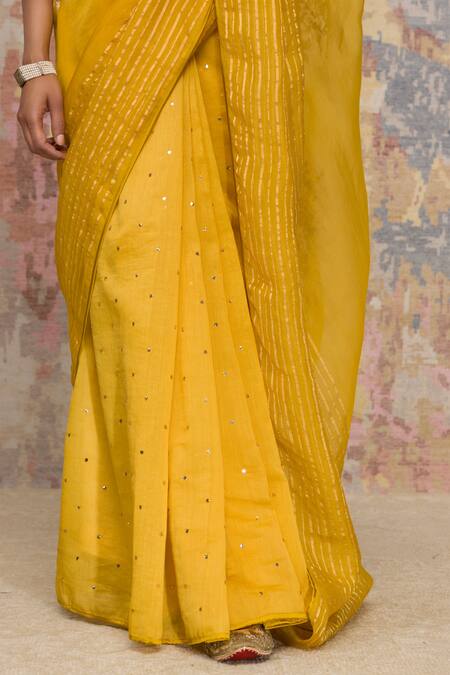Shop_Devnaagri_Yellow Silk Organza, Chanderi Muskaish, Gajji V Neck Saree With Blouse _Online_at_Aza_Fashions