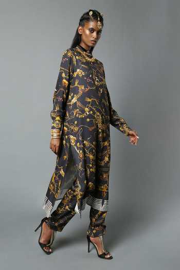 House Of Three_Black Viscose Satin Jewel , Temple Mandarin Dravidian Kurta Set _Online_at_Aza_Fashions