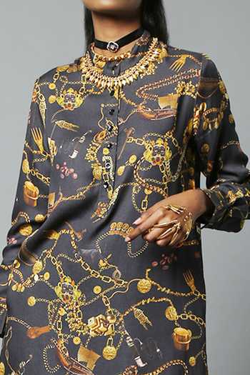 Shop_House Of Three_Black Viscose Satin Jewel , Temple Mandarin Dravidian Kurta Set _Online_at_Aza_Fashions