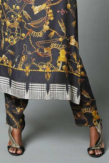 House Of Three_Black Viscose Satin Jewel , Temple Mandarin Dravidian Kurta Set _at_Aza_Fashions