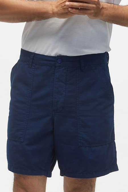 Terra Luna_Blue 100% Organic Handloom Oxford Cotton Plain Castro Scout Shorts_Online_at_Aza_Fashions