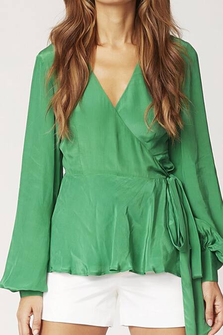 Buy_World Of RA_Green 100% Viscose V Neck Wrap Top_Online_at_Aza_Fashions