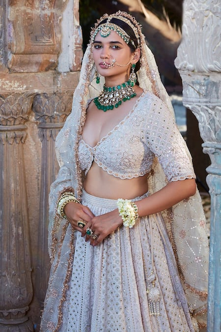 Shop Kritika Dawar Ivory Chiffon, Georgette, Organza Pearls, Mukaish Bridal Lehenga Set Online at Aza Fashions Shop_Kritika Dawar_Ivory Chiffon, Georgette, Organza Pearls, Mukaish Bridal Lehenga Set _Online_at_Aza_Fashions