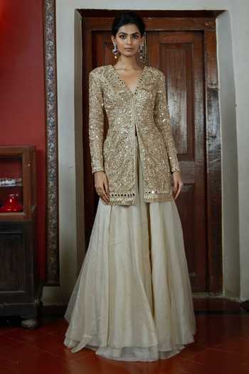 Buy_Arpita Mehta_Gold Embroidered Jacket And Sharara Set _Online_at_Aza_Fashions