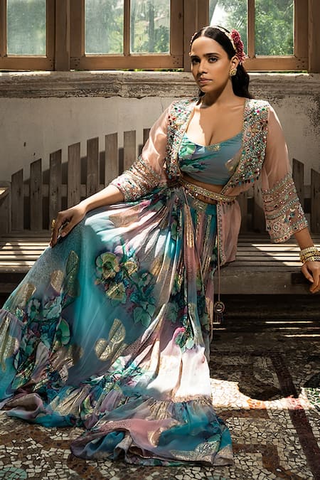 Buy_Amrin Khan_Blue Georgette And Embroidery Floral Scoop Bead Jacket Lehenga Set _Online_at_Aza_Fashions