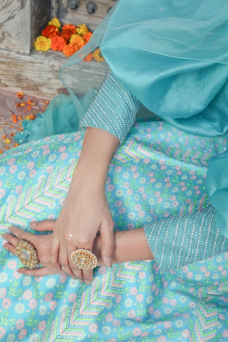 Buy_Show Shaa_Blue Crepe Sequins, Cut Work, Puff Sleeve Blouse And Floral Print Lehenga Set