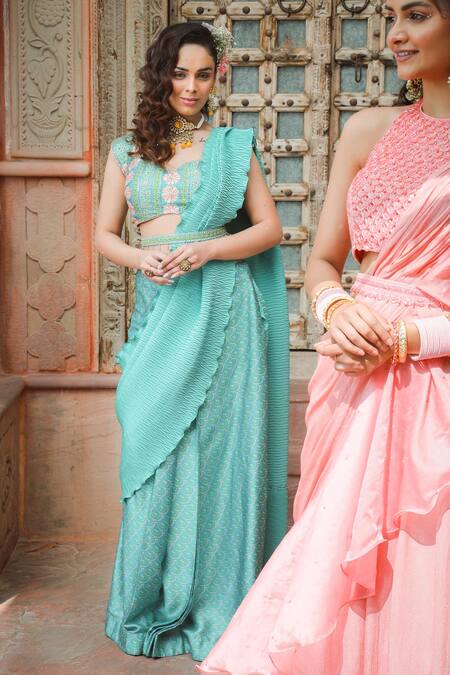 Show Shaa Blue Satin, Crepe Embroidery, Beads Floral Pre-draped Saree With Blouse Online at Aza Fashions Show Shaa_Blue Satin, Crepe Embroidery, Beads Floral Pre-draped Saree With Blouse _Online_at_Aza_Fashions