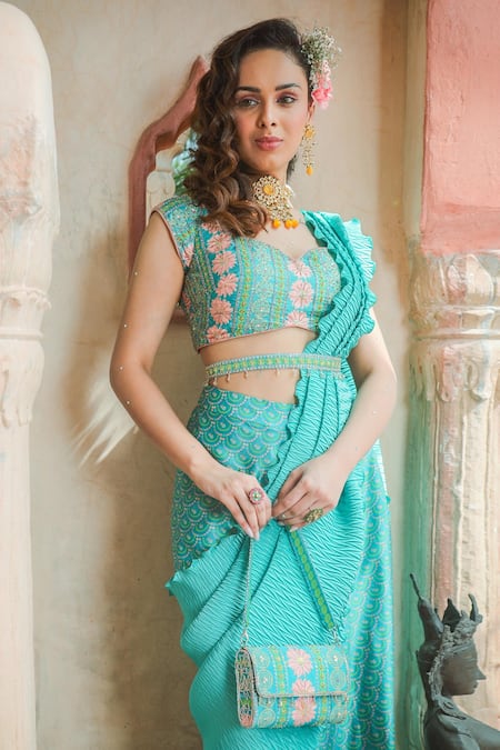 Shop Show Shaa Blue Satin, Crepe Embroidery, Beads Floral Pre-draped Saree With Blouse Online at Aza Fashions Shop_Show Shaa_Blue Satin, Crepe Embroidery, Beads Floral Pre-draped Saree With Blouse _Online_at_Aza_Fashions
