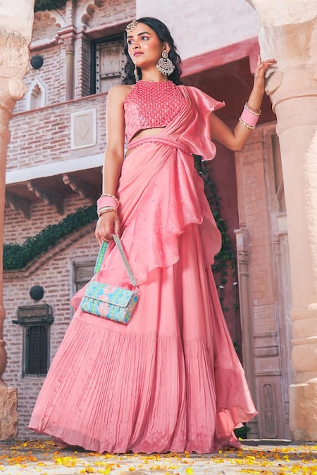 Buy Show Shaa Peach Satin, Chiffon, Cotton Embroidery, Cut Ruffle Pre-draped Saree With Blouse Online at Aza Fashions Buy_Show Shaa_Peach Satin, Chiffon, Cotton Embroidery, Cut Ruffle Pre-draped Saree With Blouse _Online_at_Aza_Fashions