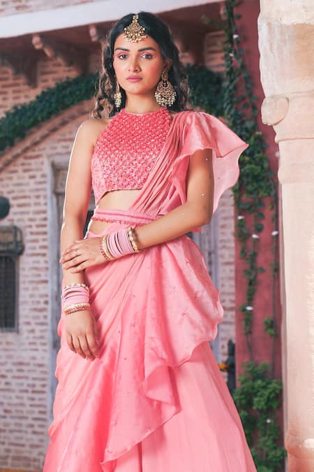 Show Shaa Peach Satin, Chiffon, Cotton Embroidery, Cut Ruffle Pre-draped Saree With Blouse at Aza Fashions Show Shaa_Peach Satin, Chiffon, Cotton Embroidery, Cut Ruffle Pre-draped Saree With Blouse _at_Aza_Fashions