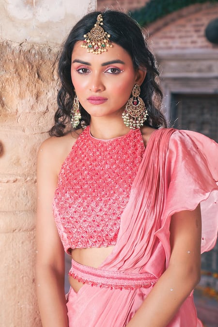 Buy Show Shaa Peach Satin, Chiffon, Cotton Embroidery, Cut Ruffle Pre-draped Saree With Blouse Buy_Show Shaa_Peach Satin, Chiffon, Cotton Embroidery, Cut Ruffle Pre-draped Saree With Blouse