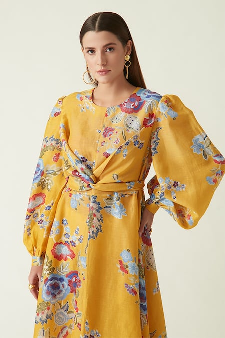 Buy_Payal Pratap_Yellow Cupro Linen Print Floral Bloom Round Neck Tapis Dress  _Online_at_Aza_Fashions