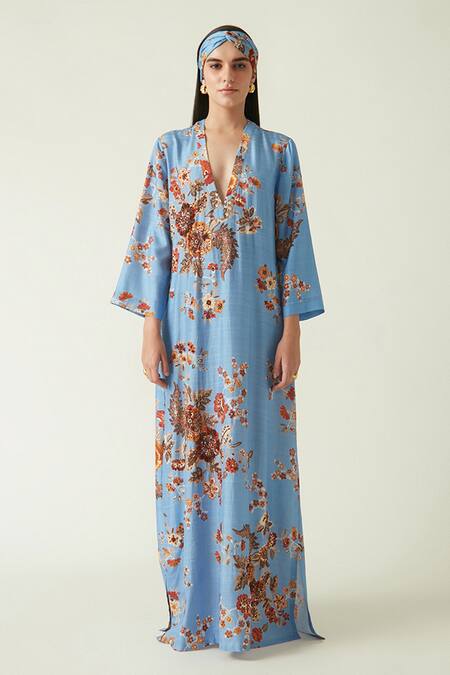 Payal Pratap_Blue Linen Satin Print Floral V Neck Malino Kaftan  _Online_at_Aza_Fashions