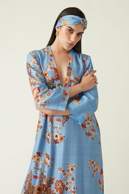 Buy_Payal Pratap_Blue Linen Satin Print Floral V Neck Malino Kaftan  _Online_at_Aza_Fashions