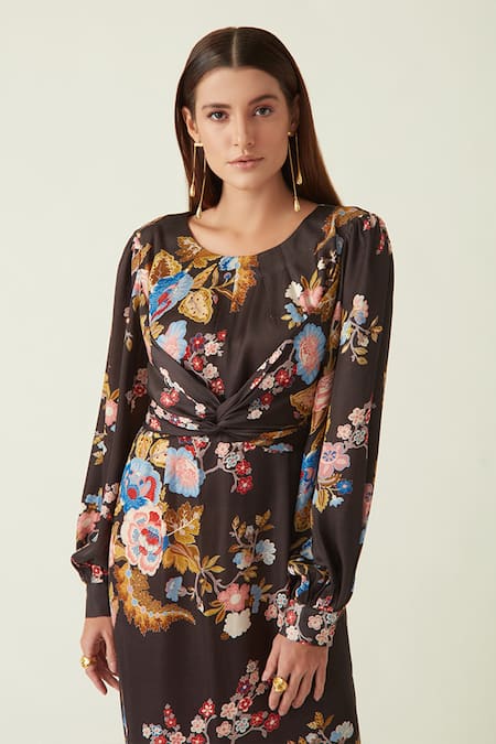 Payal Pratap_Brown Linen, Satin Round Neck Merbabu Floral Bloom Print Dress _Online_at_Aza_Fashions