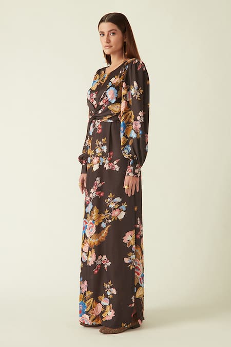 Buy_Payal Pratap_Brown Linen, Satin Round Neck Merbabu Floral Bloom Print Dress _Online_at_Aza_Fashions