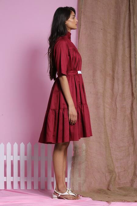 Escape By Aishwarya_Maroon Cotton Satin High Neck Tiered Dress With Belt _Online_at_Aza_Fashions