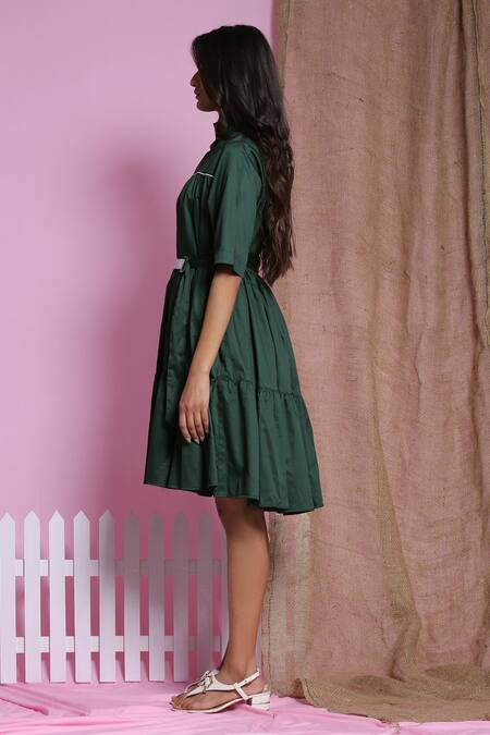 Buy_Escape By Aishwarya_Green Cotton Satin High Neck Tiered Drama Dress With Belt _Online_at_Aza_Fashions