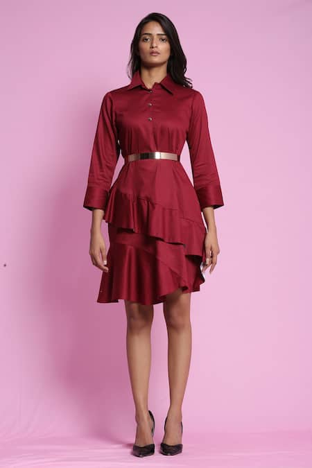 Escape By Aishwarya_Maroon Cotton Satin Collared Circular Diagonal Draped Dress With Belt _at_Aza_Fashions