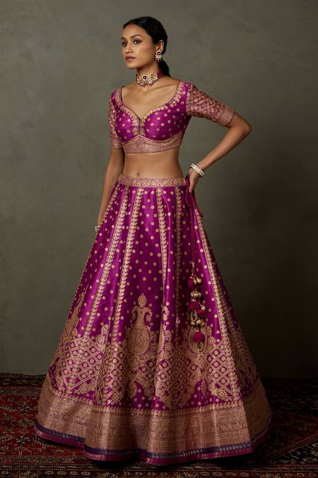 RI.Ritu Kumar_Pink Blouse And Lehenga Polyester Printed Paisley Leaf Neck Ashvika Bridal Set _Online_at_Aza_Fashions