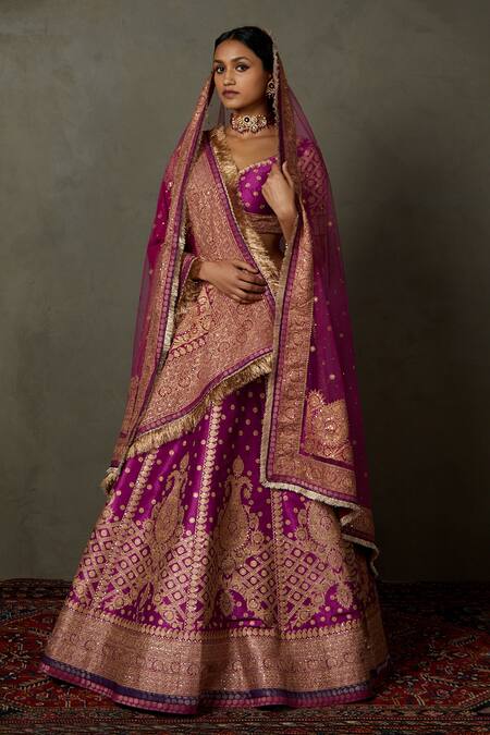 Shop_RI.Ritu Kumar_Pink Blouse And Lehenga Polyester Printed Paisley Leaf Neck Ashvika Bridal Set _Online_at_Aza_Fashions