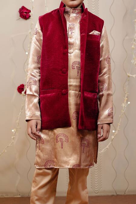 Buy Tiny Colour Maroon Velvet, Silk, Cotton Embroidery Block Print Kurta Set Online at Aza Fashions Buy_Tiny Colour_Maroon Velvet, Silk, Cotton Embroidery Block Print Kurta Set _Online_at_Aza_Fashions