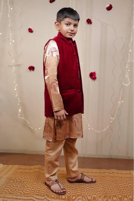 Shop Tiny Colour Maroon Velvet, Silk, Cotton Embroidery Block Print Kurta Set Online at Aza Fashions Shop_Tiny Colour_Maroon Velvet, Silk, Cotton Embroidery Block Print Kurta Set _Online_at_Aza_Fashions
