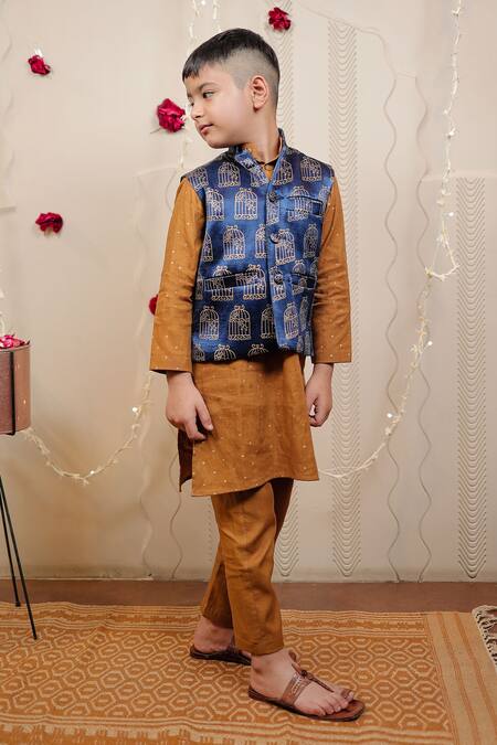 Tiny Colour_Blue Silk, Cotton Embroidery Block Print Kurta Set With Bundi _Online_at_Aza_Fashions