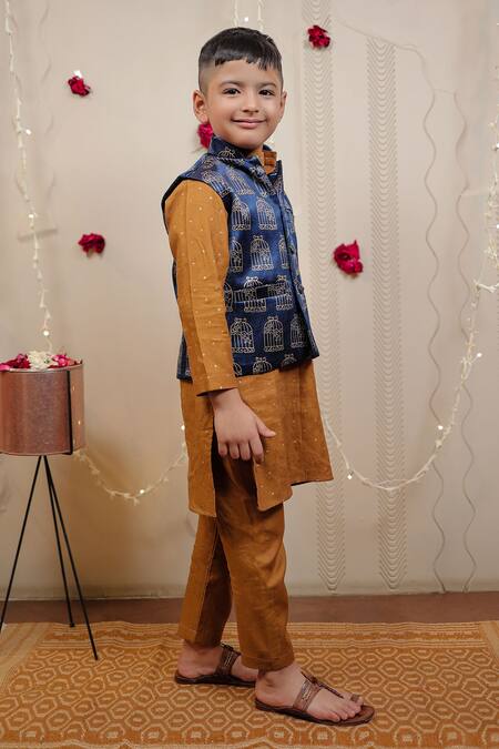 Buy Tiny Colour Blue Silk, Cotton Embroidery Block Print Kurta Set With Bundi Online at Aza Fashions Buy_Tiny Colour_Blue Silk, Cotton Embroidery Block Print Kurta Set With Bundi _Online_at_Aza_Fashions