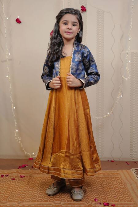 Tiny Colour Yellow Kurta And Pant- Modal Print & Embellishment Block Jacket Set at Aza Fashions Tiny Colour_Yellow Kurta And Pant- Modal Print & Embellishment Block Jacket Set _at_Aza_Fashions