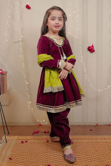 Tiny Colour Wine Velvet, Georgette Sequins Flared Kurta Set Online at Aza Fashions Tiny Colour_Wine Velvet, Georgette Sequins Flared Kurta Set _Online_at_Aza_Fashions