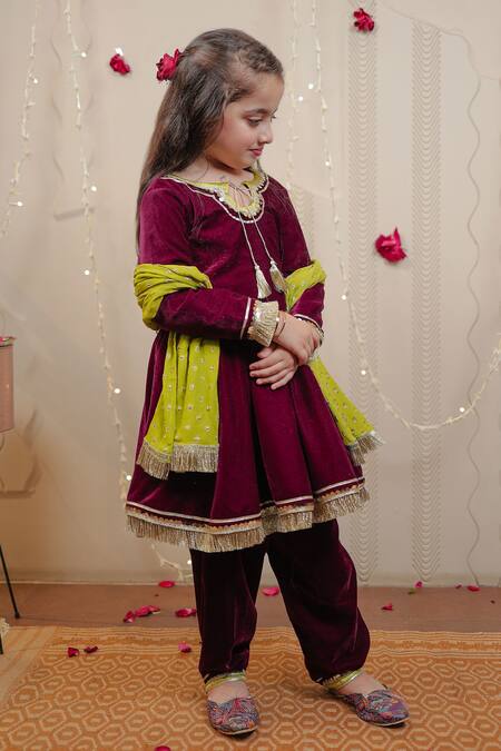Shop Tiny Colour Wine Velvet, Georgette Sequins Flared Kurta Set Online at Aza Fashions Shop_Tiny Colour_Wine Velvet, Georgette Sequins Flared Kurta Set _Online_at_Aza_Fashions