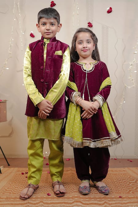 Tiny Colour_Wine Velvet, Silk, Cotton Piping, Embroidery Bundi And Green Kurta Set _Online_at_Aza_Fashions