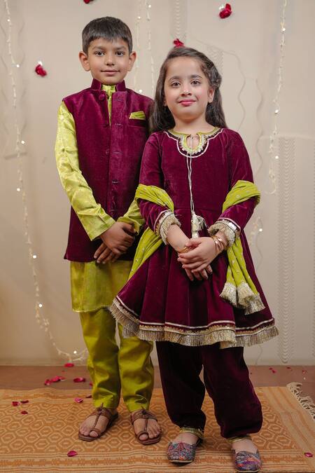 Tiny Colour Wine Velvet, Georgette Sequins Flared Kurta Set at Aza Fashions Tiny Colour_Wine Velvet, Georgette Sequins Flared Kurta Set _at_Aza_Fashions