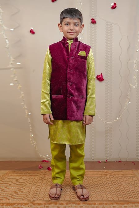 Buy Tiny Colour Wine Velvet, Silk, Cotton Piping, Embroidery Bundi And Green Kurta Set Online at Aza Fashions Buy_Tiny Colour_Wine Velvet, Silk, Cotton Piping, Embroidery Bundi And Green Kurta Set _Online_at_Aza_Fashions