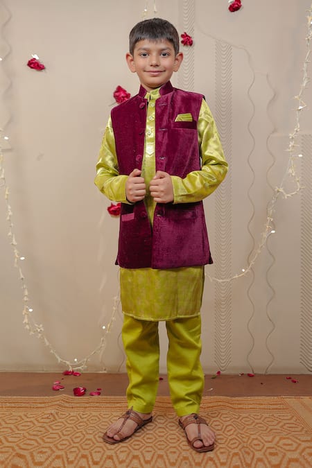 Tiny Colour Clothing Wine Kurta- Mashru Silk Block Velvet Bundi And Set 