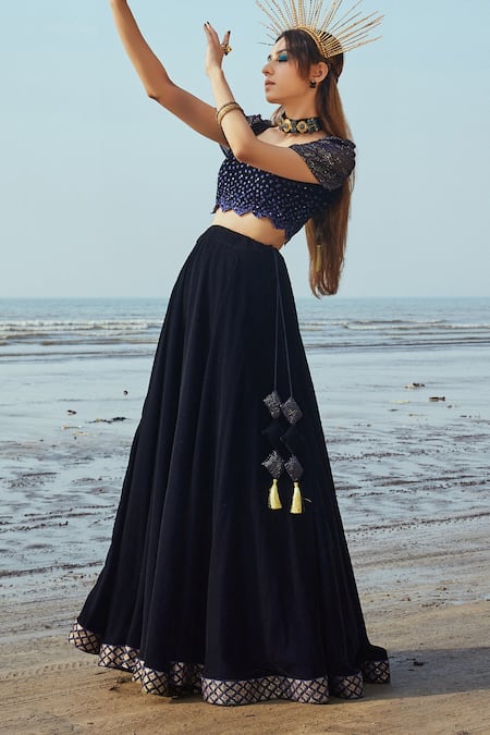 Monk & Mei By Sonia Anand_Blue Velvet, Organza Sequins Sweetheart Neck Embroidered Lehenga Set _Online_at_Aza_Fashions