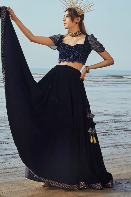 Buy_Monk & Mei By Sonia Anand_Blue Velvet, Organza Sequins Sweetheart Neck Embroidered Lehenga Set _Online_at_Aza_Fashions