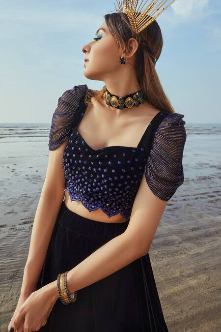 Shop_Monk & Mei By Sonia Anand_Blue Velvet, Organza Sequins Sweetheart Neck Embroidered Lehenga Set _Online_at_Aza_Fashions