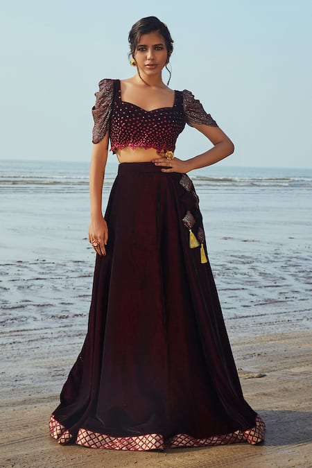 Monk & Mei By Sonia Anand Wine Velvet, Organza Sequins Sweetheart Neck Embroidered Flared Lehenga Set Online at Aza Fashions Monk & Mei By Sonia Anand_Wine Velvet, Organza Sequins Sweetheart Neck Embroidered Flared Lehenga Set _Online_at_Aza_Fashions