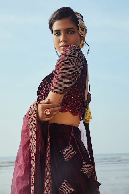 Buy Monk & Mei By Sonia Anand Wine Velvet, Organza Sequins Sweetheart Neck Embroidered Flared Lehenga Set Online at Aza Fashions Buy_Monk & Mei By Sonia Anand_Wine Velvet, Organza Sequins Sweetheart Neck Embroidered Flared Lehenga Set _Online_at_Aza_Fashions
