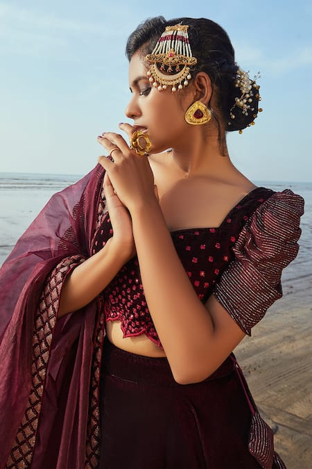 Shop Monk & Mei By Sonia Anand Wine Velvet, Organza Sequins Sweetheart Neck Embroidered Flared Lehenga Set Online at Aza Fashions Shop_Monk & Mei By Sonia Anand_Wine Velvet, Organza Sequins Sweetheart Neck Embroidered Flared Lehenga Set _Online_at_Aza_Fashions