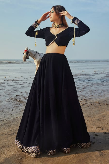 Buy_Monk & Mei By Sonia Anand_Blue Velvet, Organza Sequins, Embroidery V-neck Lehenga Set _Online_at_Aza_Fashions