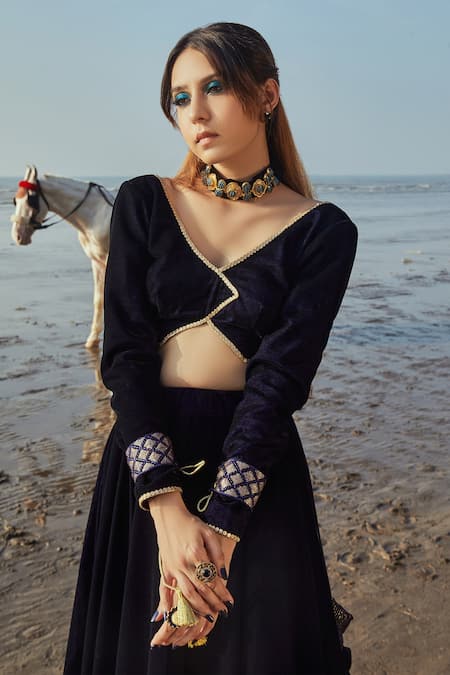 Shop_Monk & Mei By Sonia Anand_Blue Velvet, Organza Sequins, Embroidery V-neck Lehenga Set _Online_at_Aza_Fashions