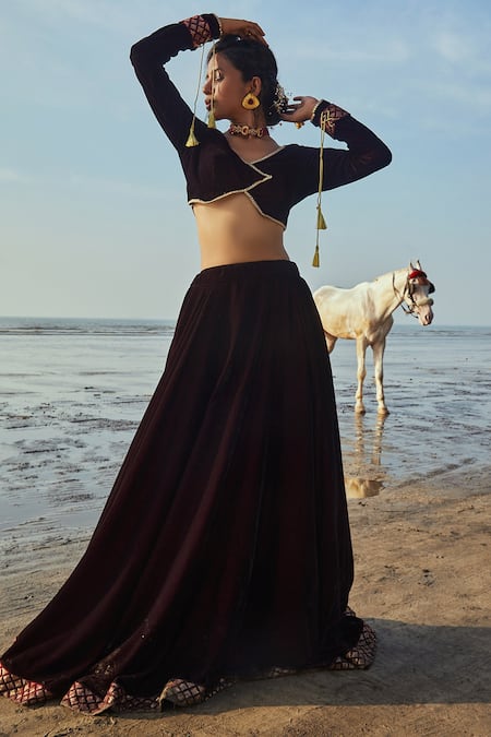 Monk & Mei By Sonia Anand Wine Velvet, Organza Sequins, Embroidery V-neck Flared Lehenga Set Online at Aza Fashions Monk & Mei By Sonia Anand_Wine Velvet, Organza Sequins, Embroidery V-neck Flared Lehenga Set _Online_at_Aza_Fashions